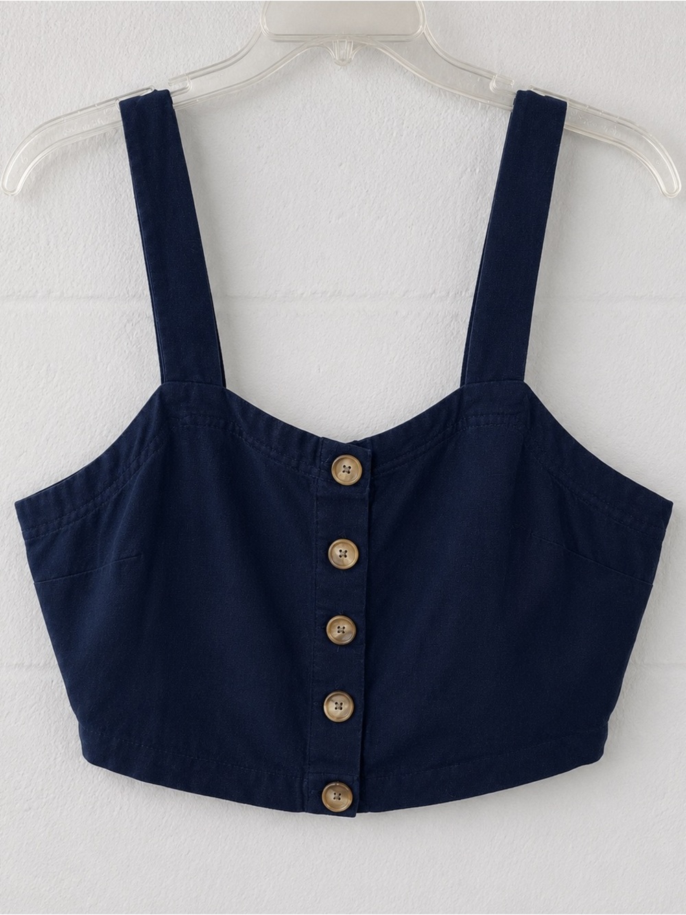 LOFT Petites Navy Linen Blend Button Front Crop Top SP